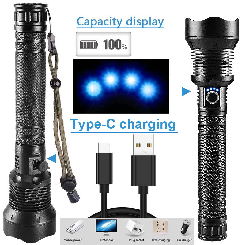 AT camping tactical flashlight with usb long range powerful high lumens 100000 waterproof rechargeable led torches flashlight