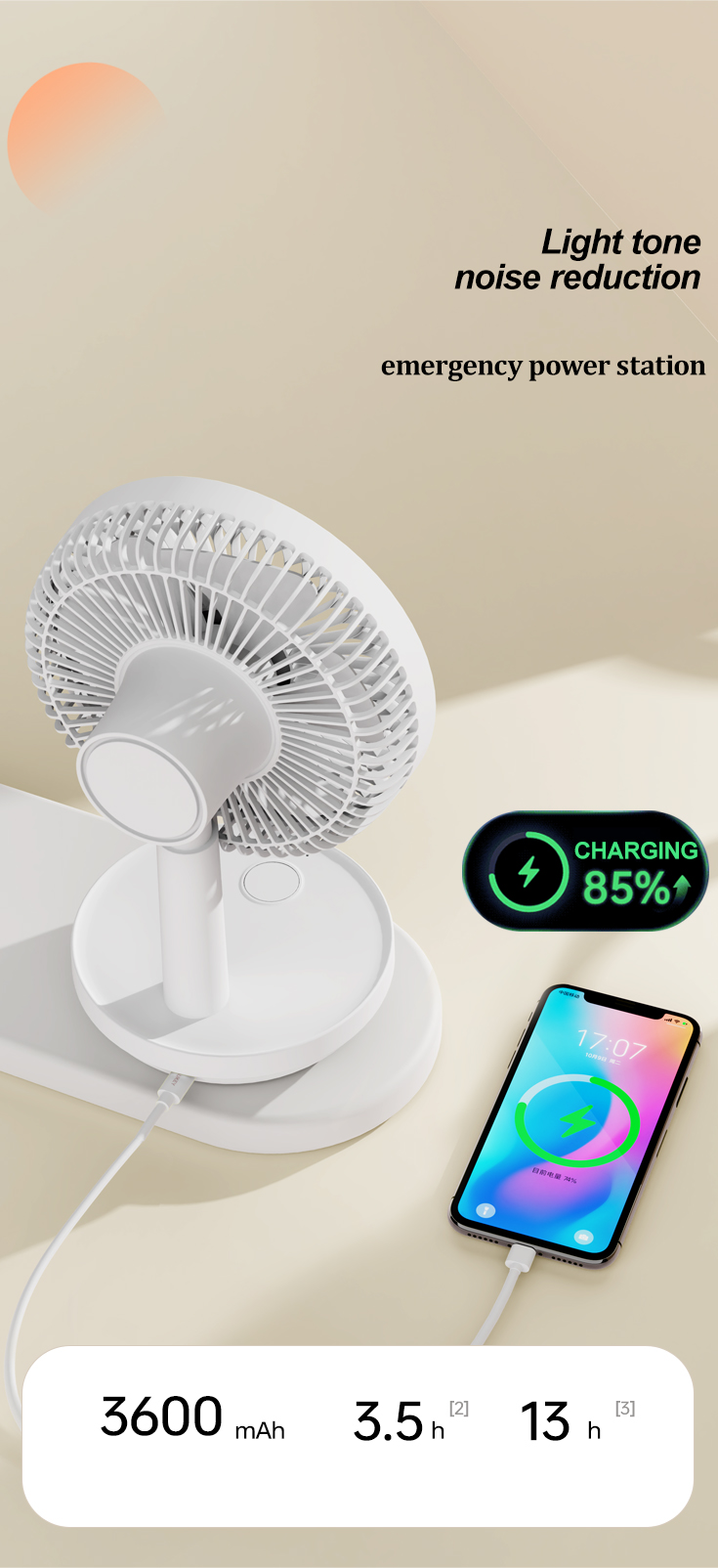 2024 Three-speed Lighting Rechargeable Portable USB Desk Fan 3600mAh 3 Speed Table Mini Fan Aesthetic Design Desktop Fan