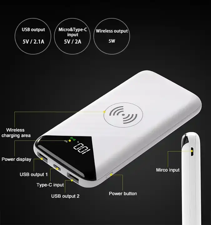 CE ROHS FCC certification 10000mah high capacity portable slim lcd digital display power bank double usb wireless charger