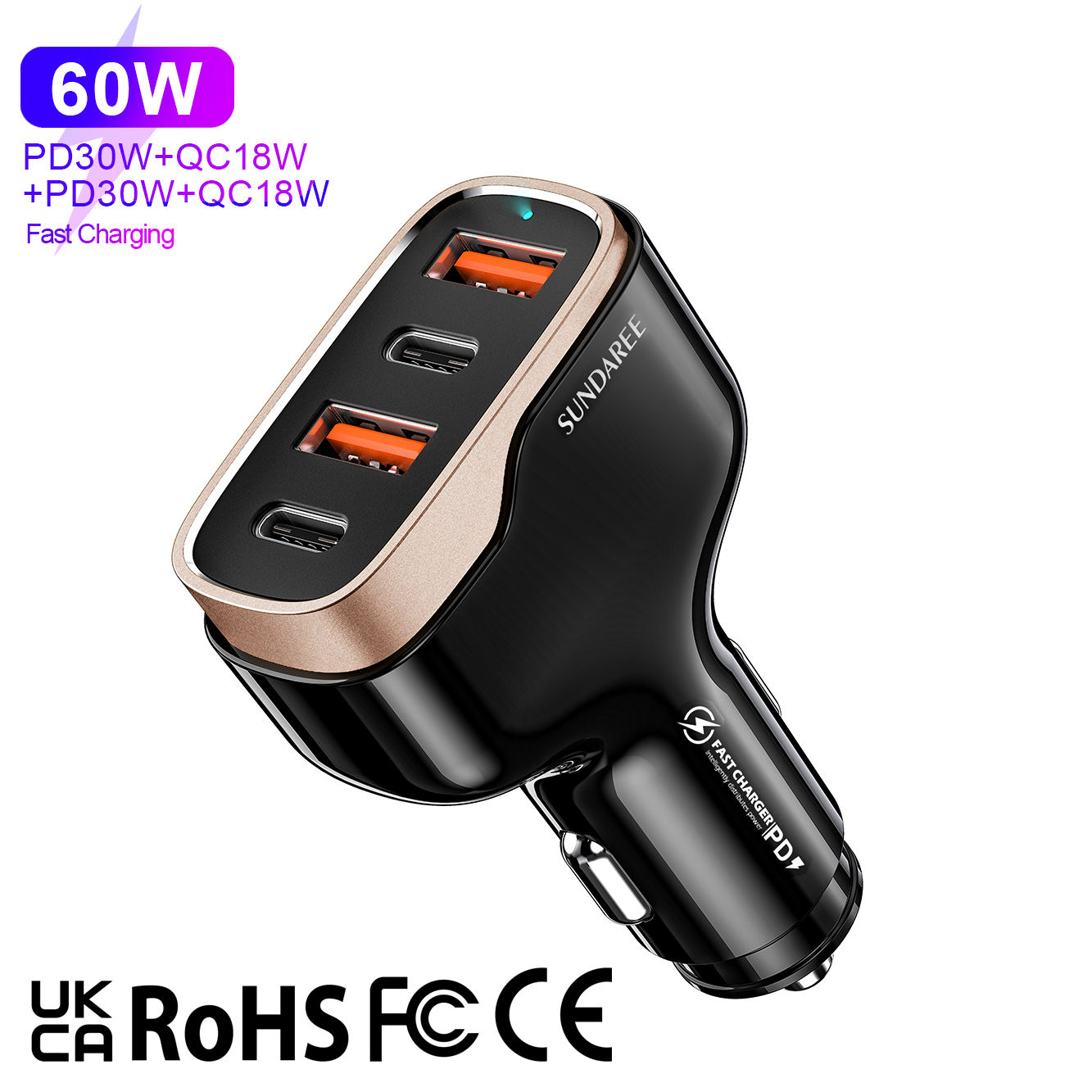 PD60W Fast Car Charging Accessory 2Usb 2 Type C Port Car Charger