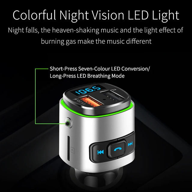 Fast Charging Car Phone Charger Colorful Ambient Light FM Transmitter