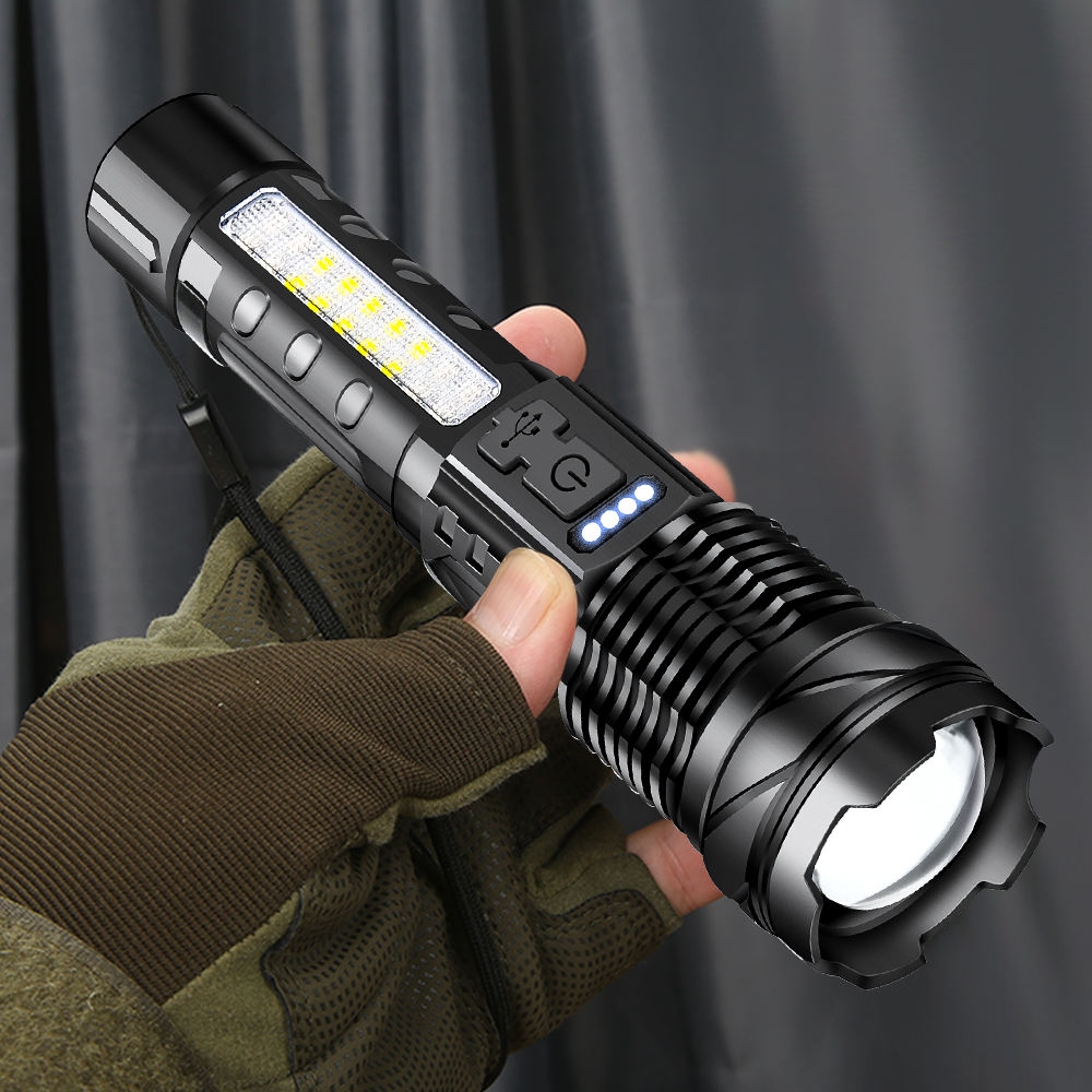 High Power Flashlight Side LED Red Light Work Lights Zoomble Focus Rechargeable Hand Torch with Power Display