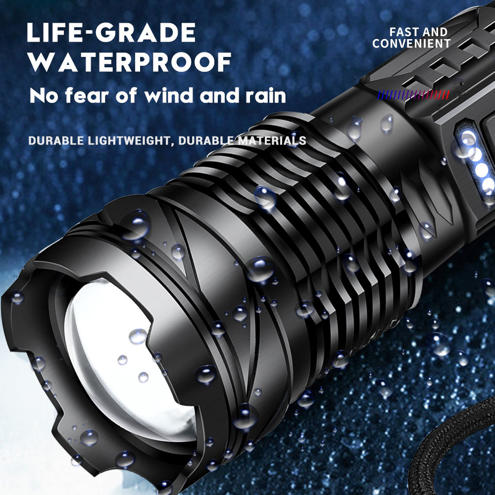 High Power Flashlight Side LED Red Light Work Lights Zoomble Focus Rechargeable Hand Torch with Power Display