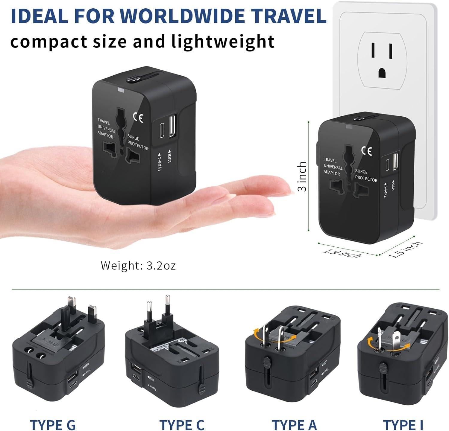 Universal Travel Adapter with USB C - All-in-One Worldwide Wall Charger with AC Power Plug Adapter for USA EU UK AUS