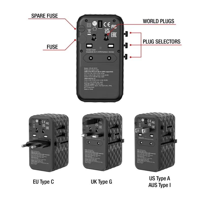 Verbatim 32121 4 Port PD 3.0 GaN III 100W Universal Travel Adapter (UTA-06)