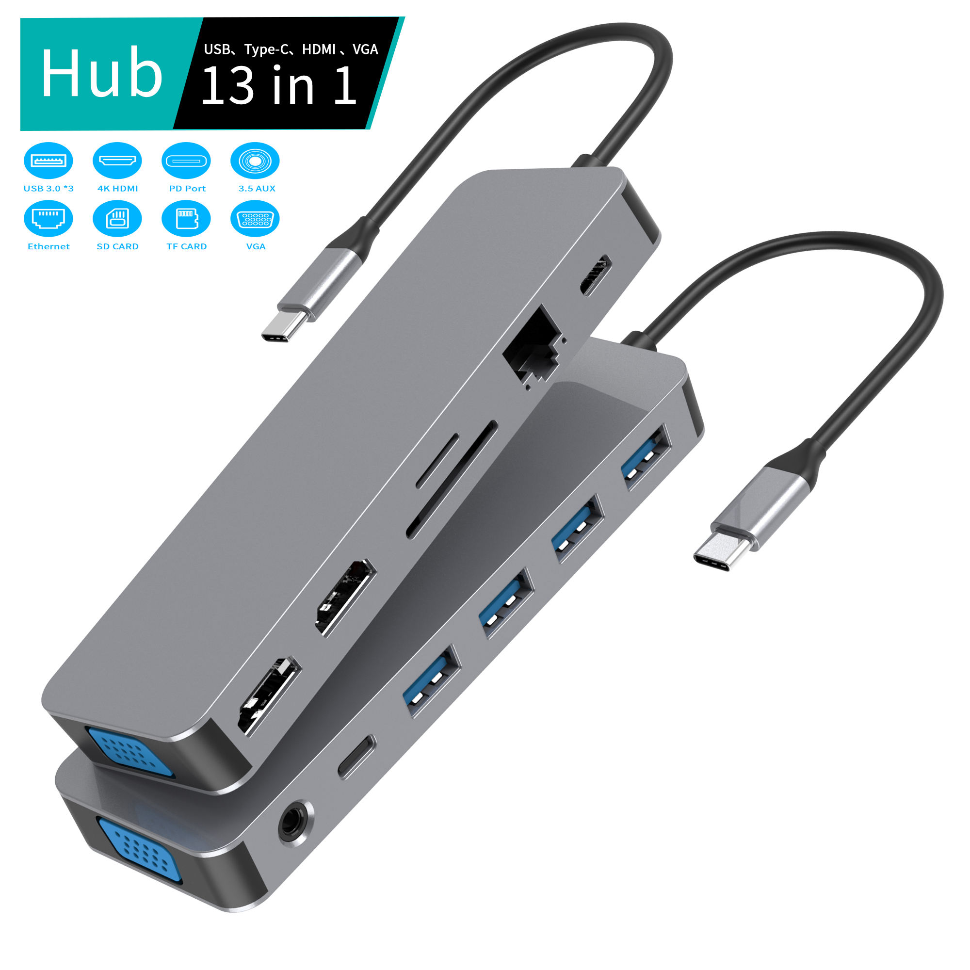 Portable 13 in 1 Multifunction Aluminum USB C Hubs Docking Station Type C TO HDMI DP VGA PD SD TF USB3.0 For Laptop Computer