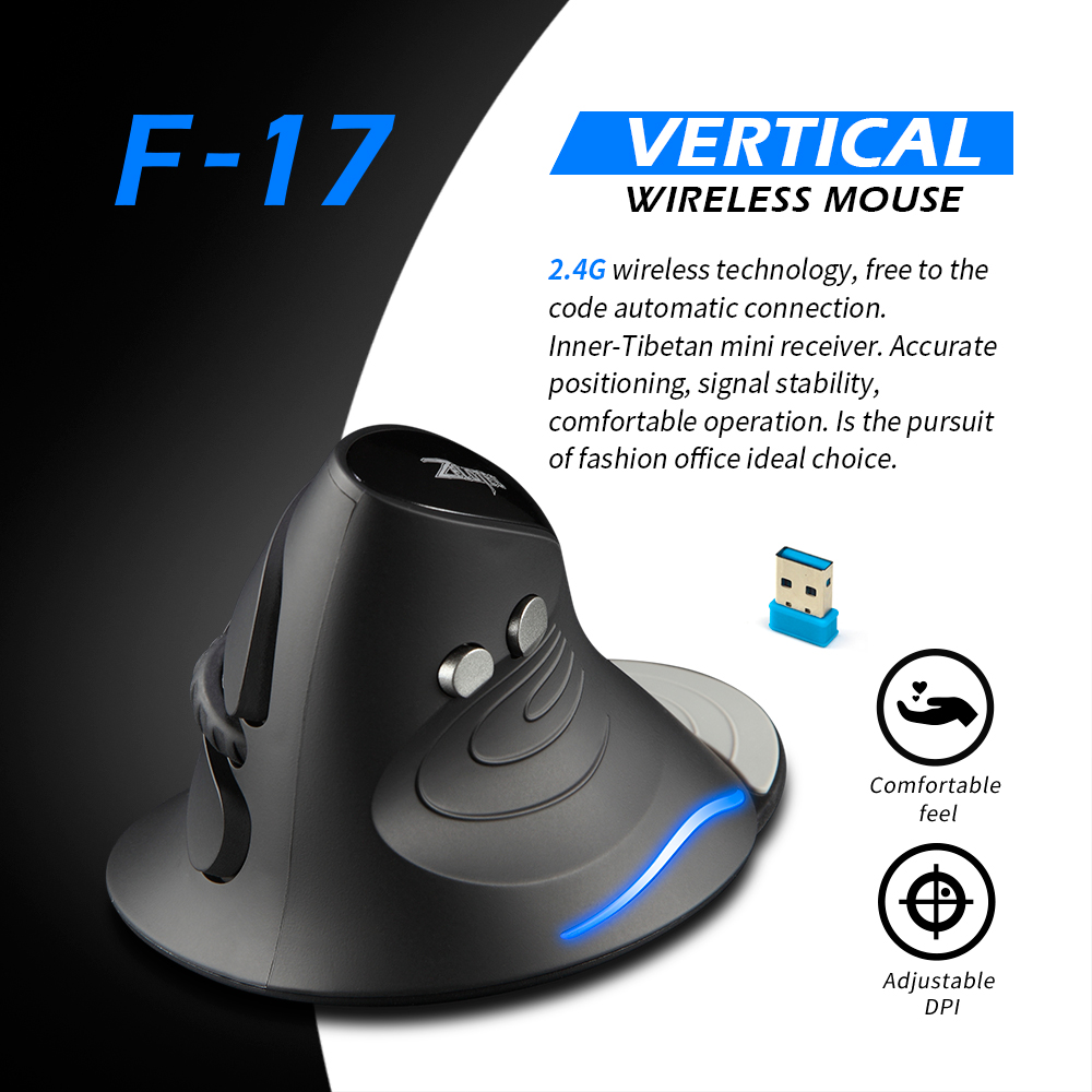 ZELOTES F-17 Wireless Vertical Mouse,LED Blue Backlit Ergonomics Customizable 2.4G Wireless Gaming Mouse