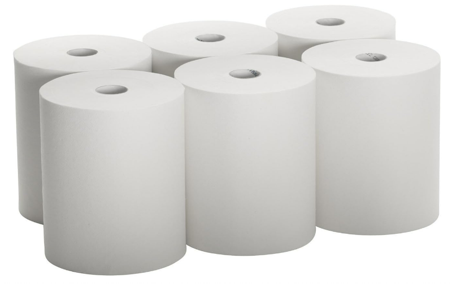 White hand paper towel roll, towel 600ft, 100% recycled paper