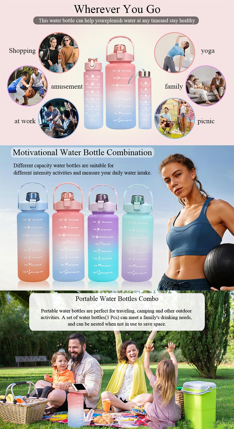 Wholesale 3 In 1 Set Botol Minum BPA Free 2L Plastic Motivational Gym Sports Botellas De Agua Water Bottle