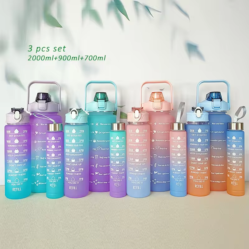 Wholesale 3 In 1 Set Botol Minum BPA Free 2L Plastic Motivational Gym Sports Botellas De Agua Water Bottle