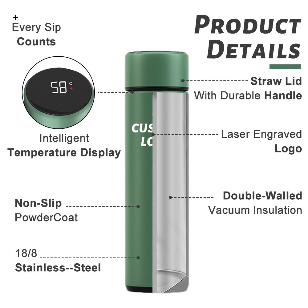 Top Seller Vacuum Insulated Smart Water Cup 500ml LED Vacuum Flask Stainless Steel Smart Water Bottle