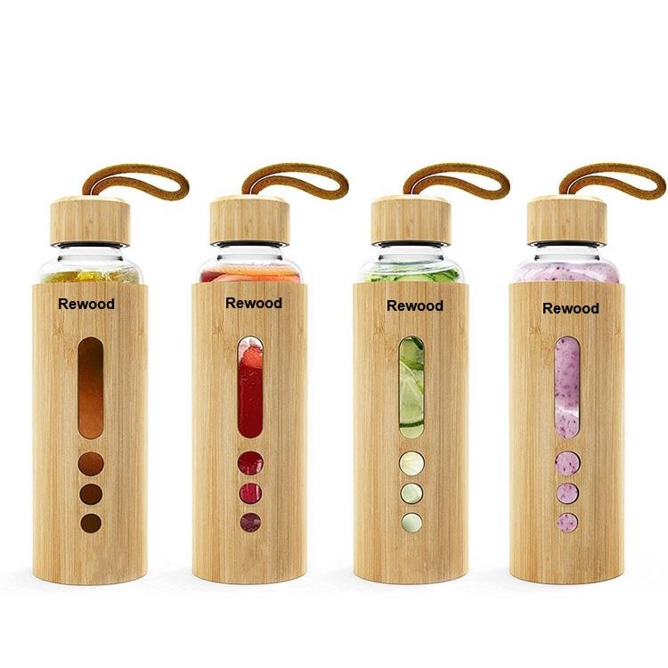 Eco Friendly High Borosilicate Glass 500-600ml Bamboo Glass Water Bottle With Wooden Lid