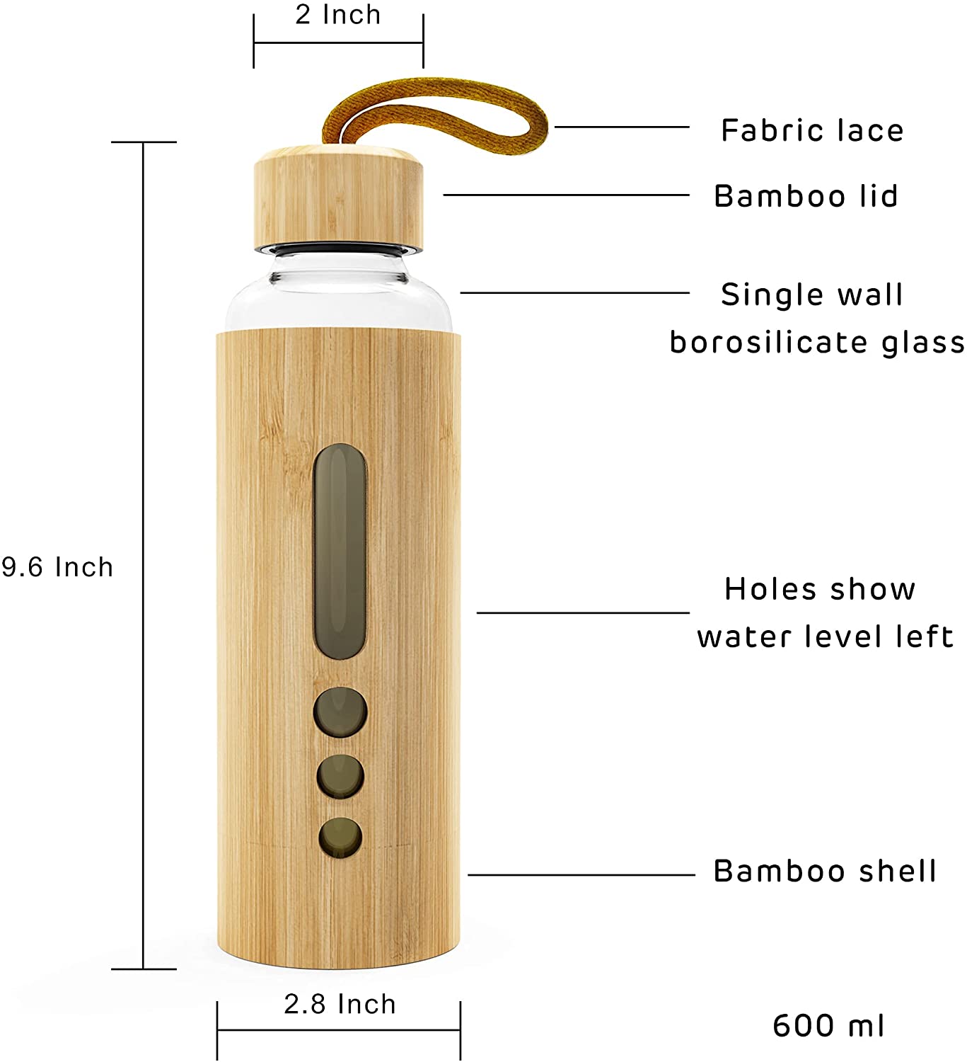 Eco Friendly High Borosilicate Glass 500-600ml Bamboo Glass Water Bottle With Wooden Lid