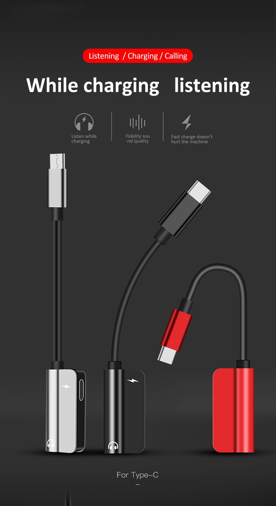 2 in 1 Fast Charger USB Type C to 3.5mm Audio Adapter Cable Jack Headphone Charging Splitter