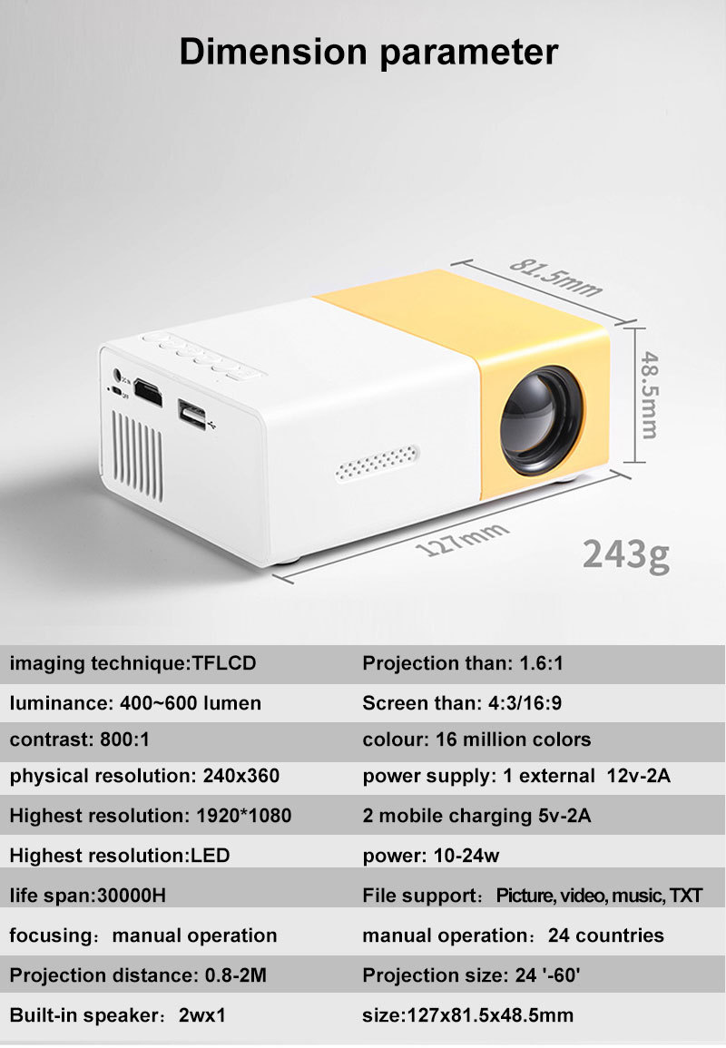 YUNDOO New YG300 Mini Mobile hd Projector Portable Home Theater DLP Projector High Lumens Wireless Smart Projector