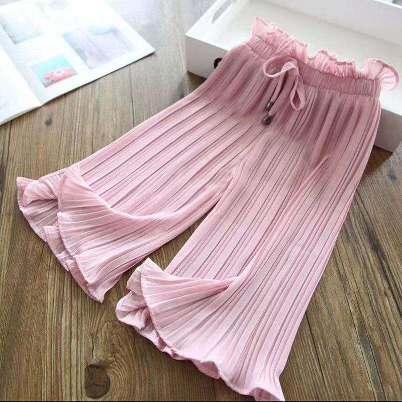 Teenage Girls Summer Wide Leg Pants Thin Chiffon Pants Kids Loose Pleated Fashion Baby Trousers