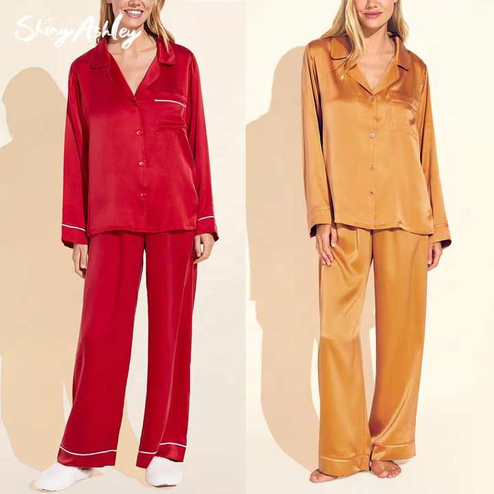 New Silk Sleepwear Pajamas Set Silk Sleepwear Women 2pcs Female Soild Silk Like Satin Pajamas