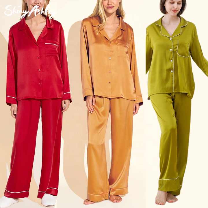 New Silk Sleepwear Pajamas Set Silk Sleepwear Women 2pcs Female Soild Silk Like Satin Pajamas