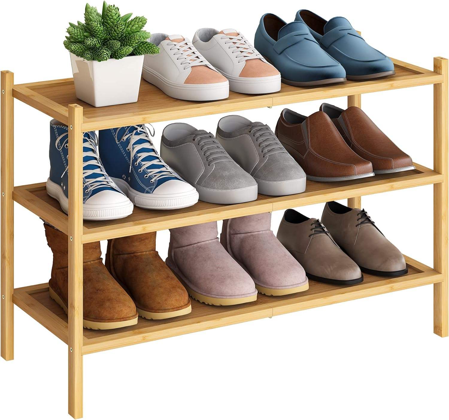 3-Tier Wooden Shoe Rack Premium Stackable Shoe Shelf Storage Organizer for Hallway Closet Living Room Entryway Slipper Organizer