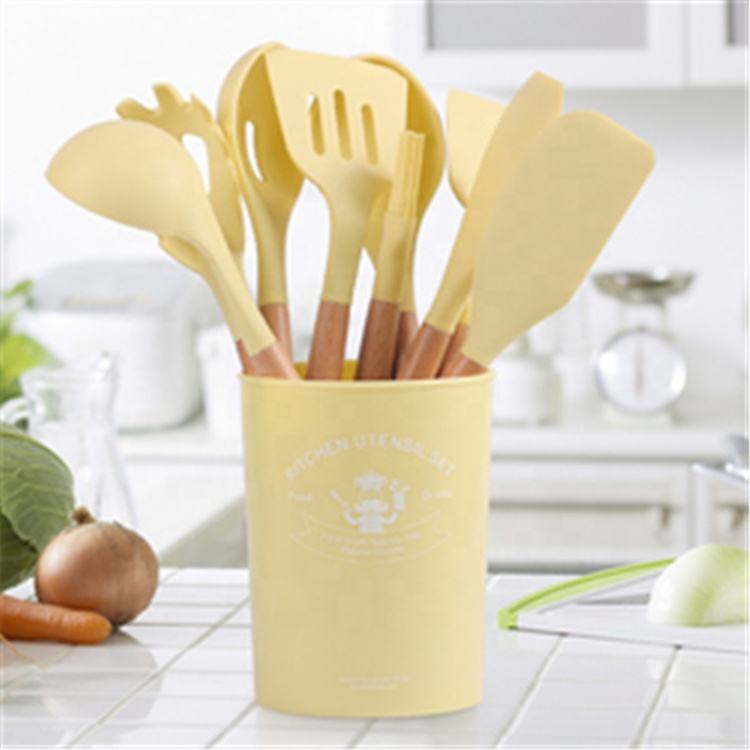 12 Pcs Kitchen Accessories Tools Kitchenware Cocina Cookware Set Silicone Cooking Utensils With Natural Wooden Handles