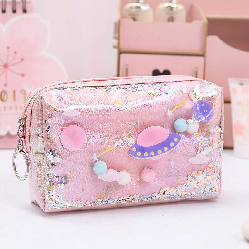 Cute Cartoon Girls Confetti Filled Sequin Travel Cosmetic Bag