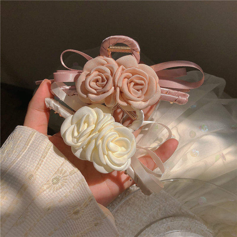 Fabric Camellia Flower Hair Claw for Female Strong Hairgrip Ribbon Covered Large Metal Shark Clamp