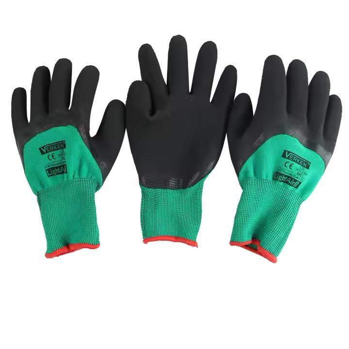 13 Gauge polyester Knitted foam latex green color coated Safety Work  gloves fingertips reinforced