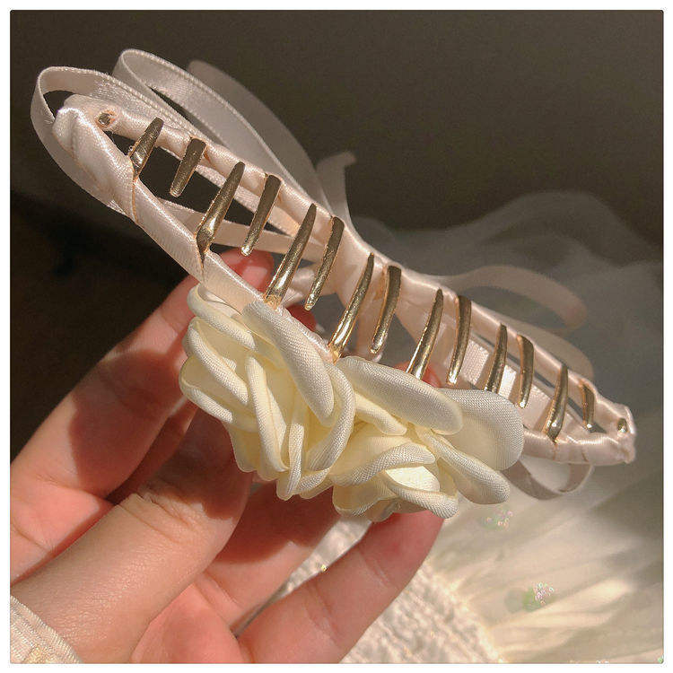 Fabric Camellia Flower Hair Claw for Female Strong Hairgrip Ribbon Covered Large Metal Shark Clamp