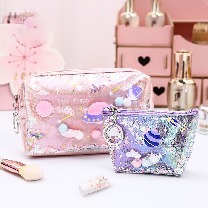 Cute Cartoon Girls Confetti Filled Sequin Travel Cosmetic Bag