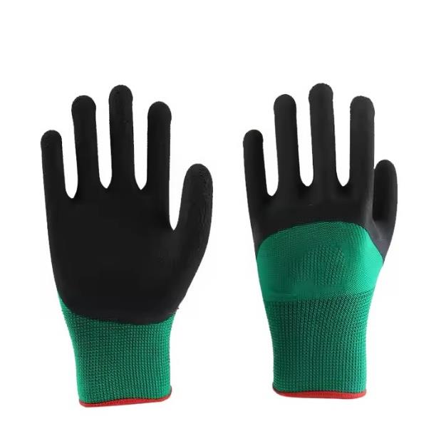 13 Gauge polyester Knitted foam latex green color coated Safety Work  gloves fingertips reinforced