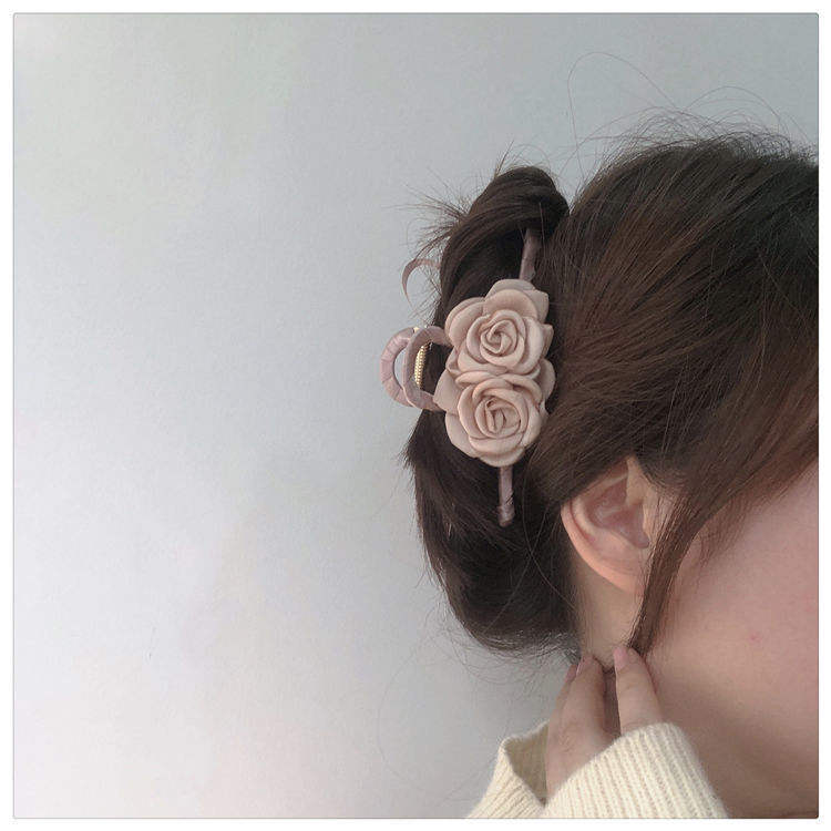 Fabric Camellia Flower Hair Claw for Female Strong Hairgrip Ribbon Covered Large Metal Shark Clamp