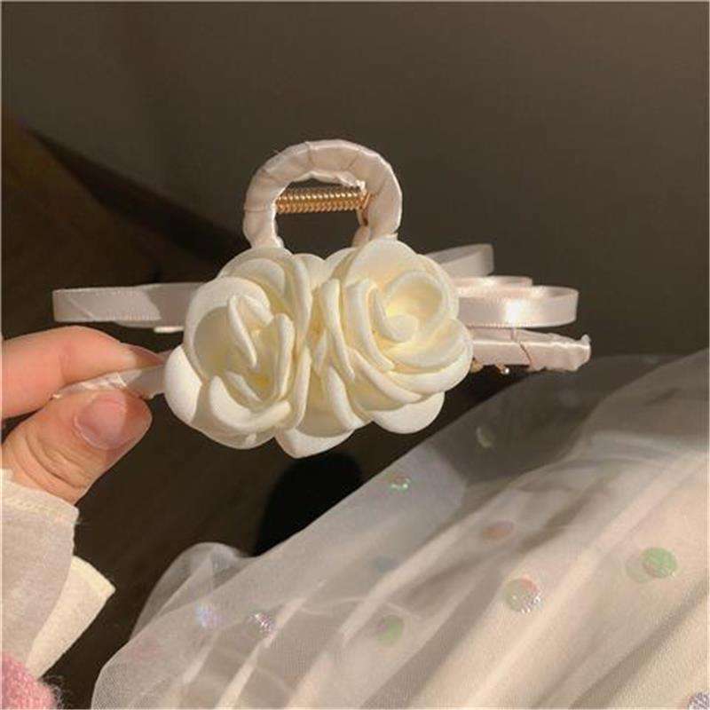 Fabric Camellia Flower Hair Claw for Female Strong Hairgrip Ribbon Covered Large Metal Shark Clamp