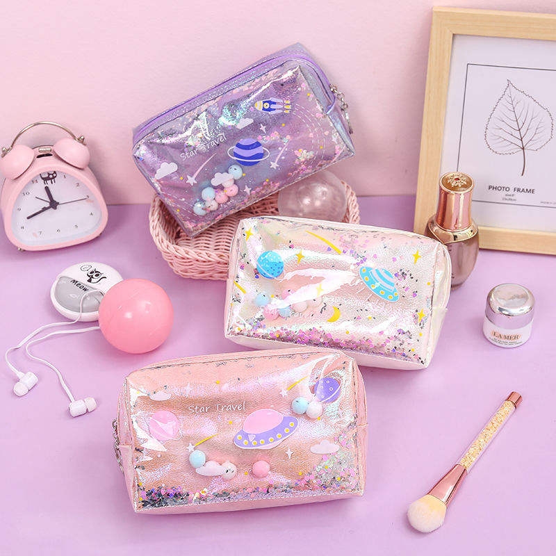 Cute Cartoon Girls Confetti Filled Sequin Travel Cosmetic Bag