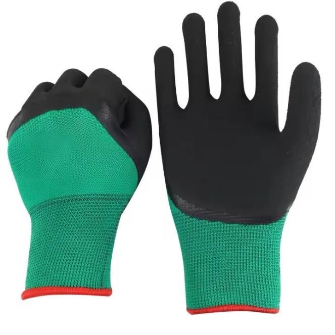 13 Gauge polyester Knitted foam latex green color coated Safety Work  gloves fingertips reinforced