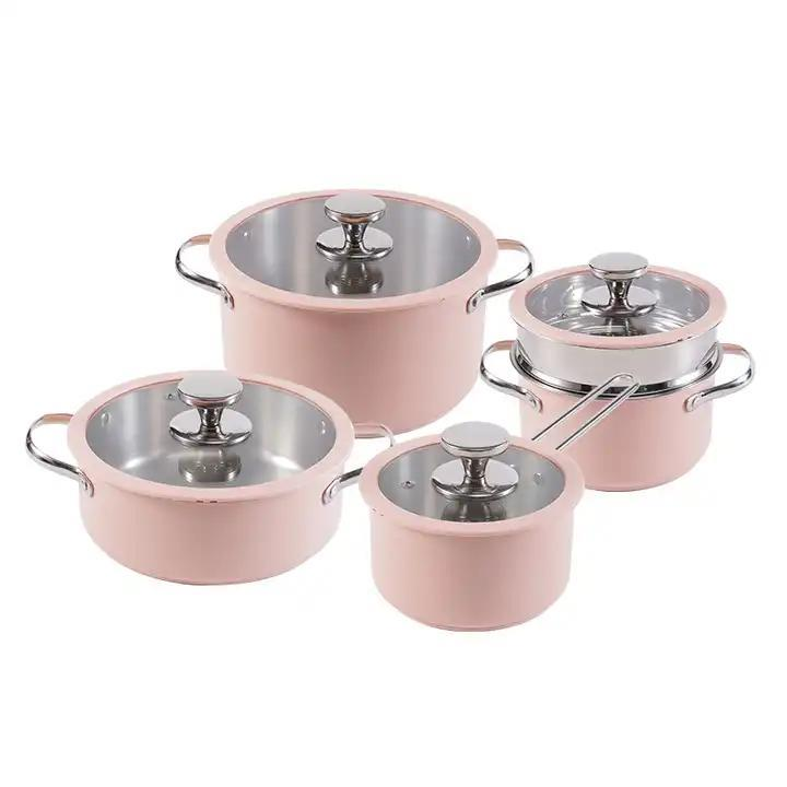 Purec Ceramic Paint Induction  Cooking Pot Stainless Steel Nonstick Pink Cookware Sets