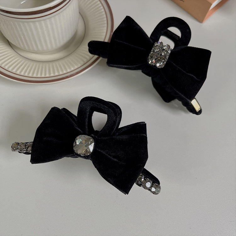 Hairgrip Velvet Bow Hair Claw Clip with Crystal Fancy Women Flocking Jaw Hair Clips