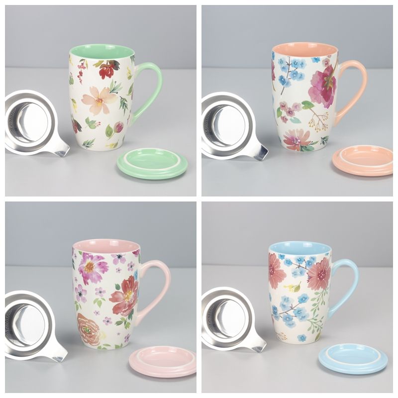 Ceramic Tea Cups Loose Infuser Lid Set Novelty Coffee Mugs Travel Porcelain Tea Mug for Women 20 OZ Ceramic Mug