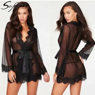 SFY118 Factory Direct Sale Good quality Chiffon Lace Robe Women's Sleepwear Plus size Transparent Women Sexy Lace Lingerie