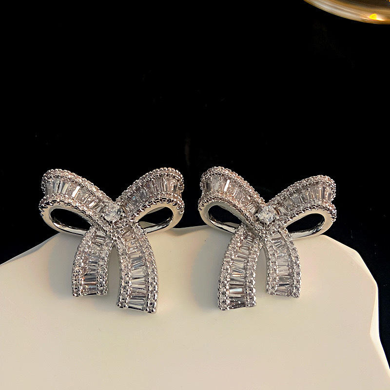 Fashion High Quality Handmade Rectangular Zircon Asymmetrical Bow Earrings For Women