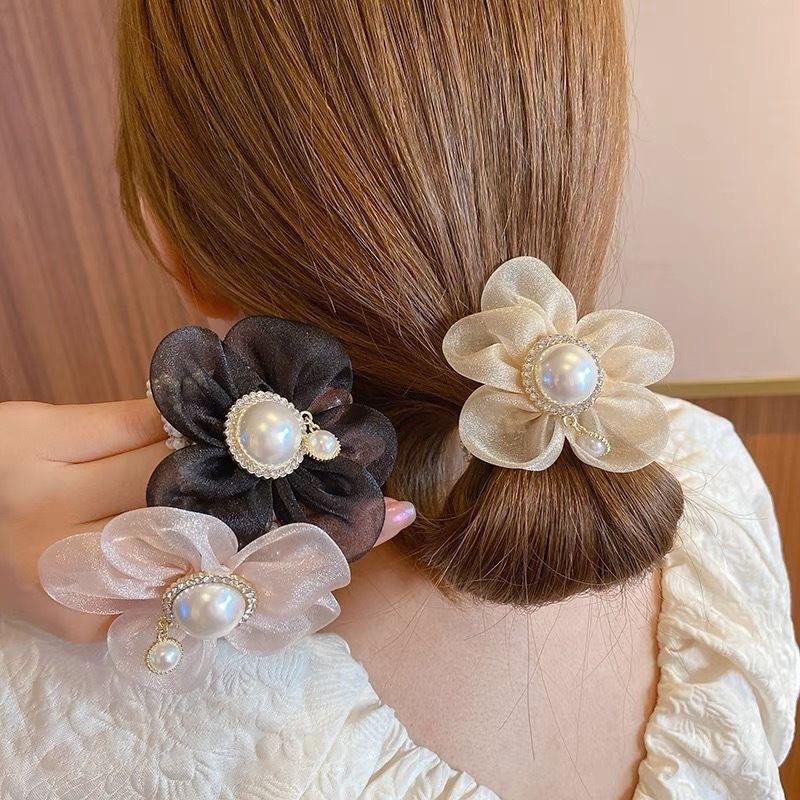 Women Hair Rope Pearl Crystal Elastic Hair Ties Flower Fabric Scrunchies Hair Band