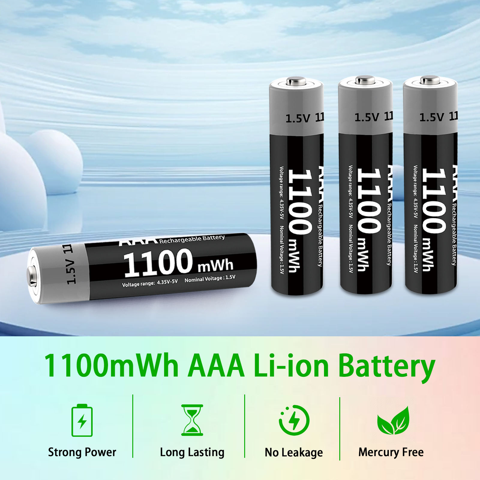 1100 MWH USB Rechargeable 1.5V AAA Lithium Batteries