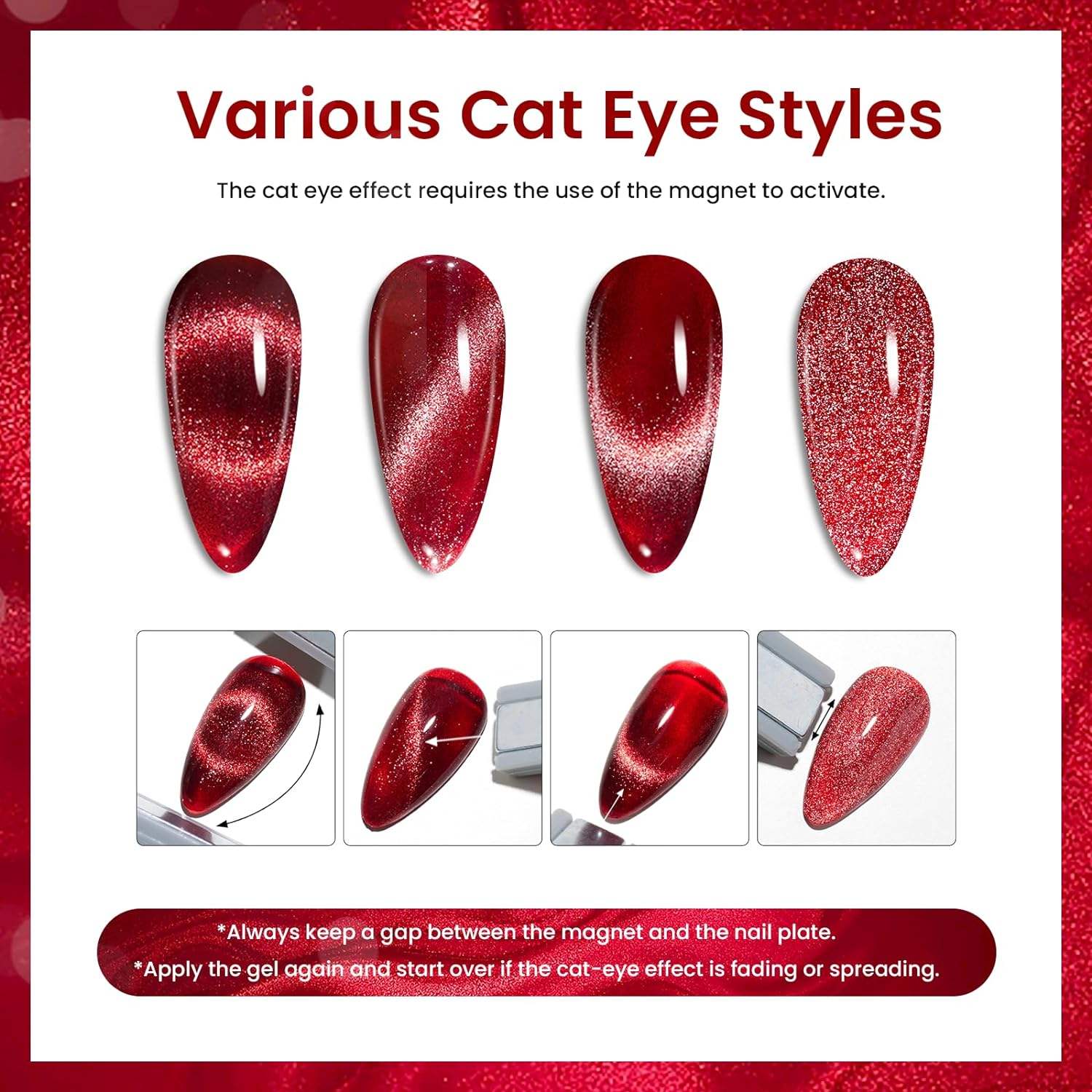 9D Cat Eye Gel Nail Polish Magnetic Gel Polish Red Galaxy Holographic Soak Off Gel Nail Polish for Nail Art