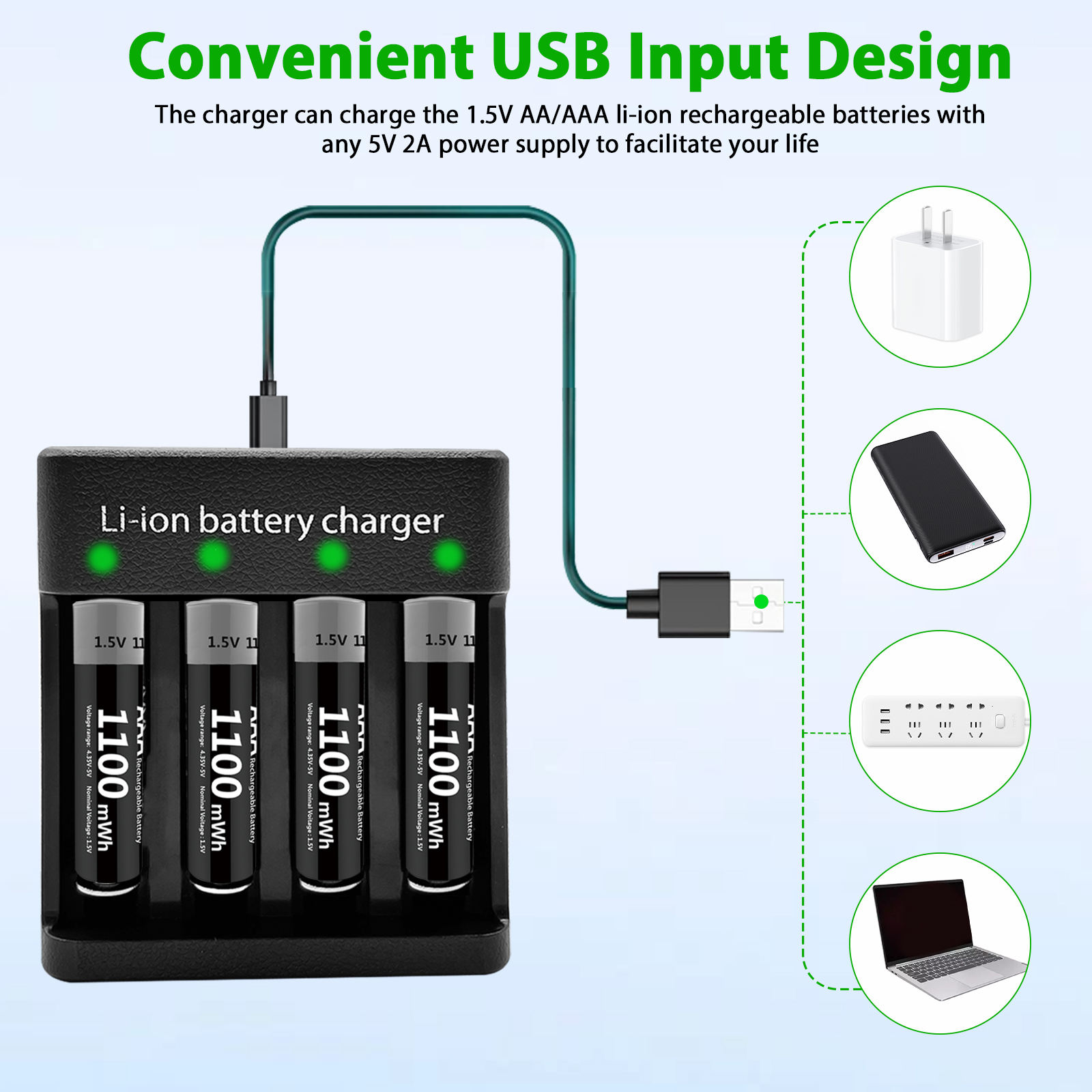 1100 MWH USB Rechargeable 1.5V AAA Lithium Batteries