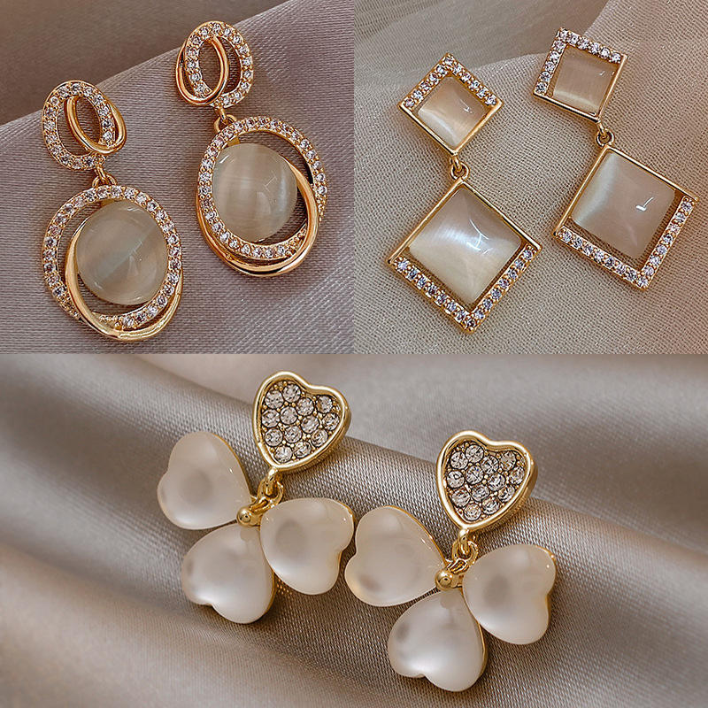 Korean Style Three-Dimensional Geometric Gold Opal Earrings For Girl