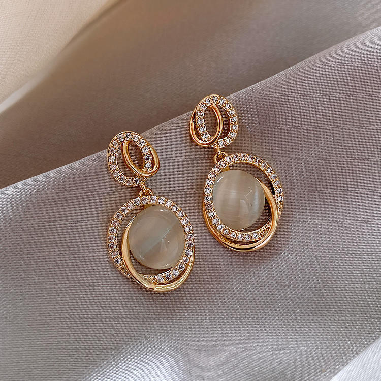 Korean Style Three-Dimensional Geometric Gold Opal Earrings For Girl