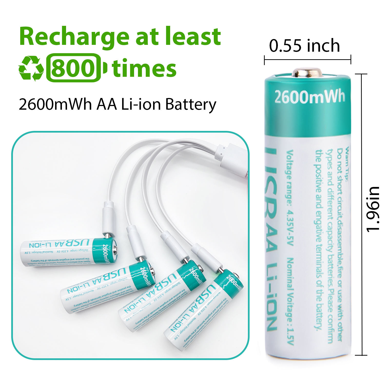 2600mWh USB Type-c Charging 1.5V AA Recharging Lithium Ion Batteries