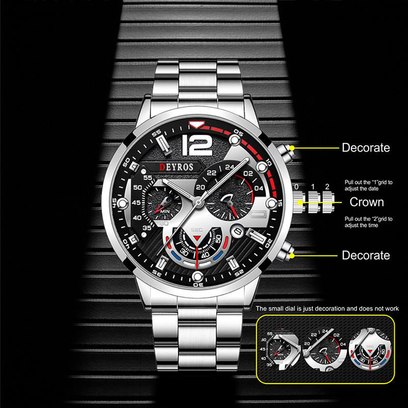 Men Stainless Steel Quartz Wristwatch Calendar Luminous Clock Men Business Casual Bracelet FD058