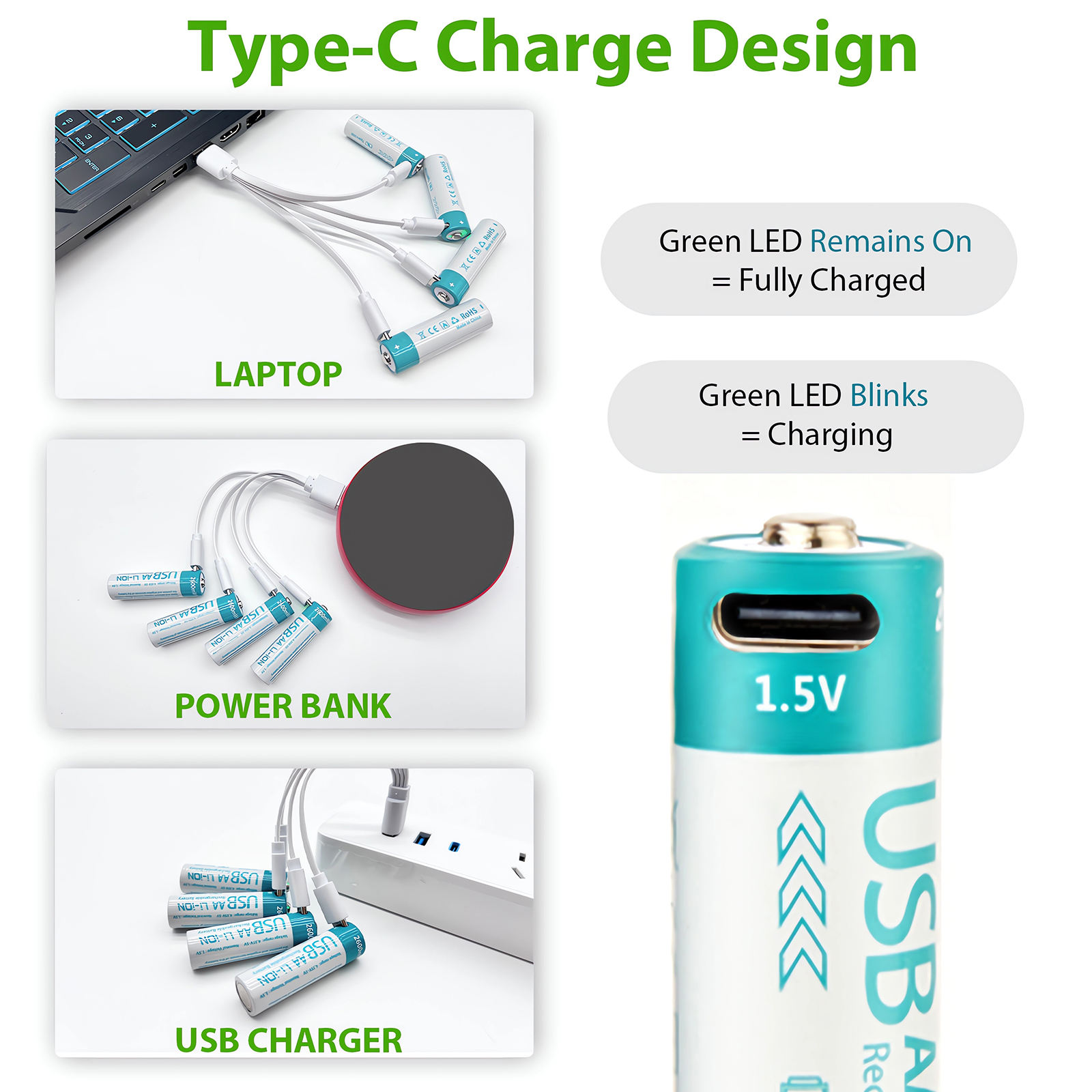 2600mWh USB Type-c Charging 1.5V AA Recharging Lithium Ion Batteries