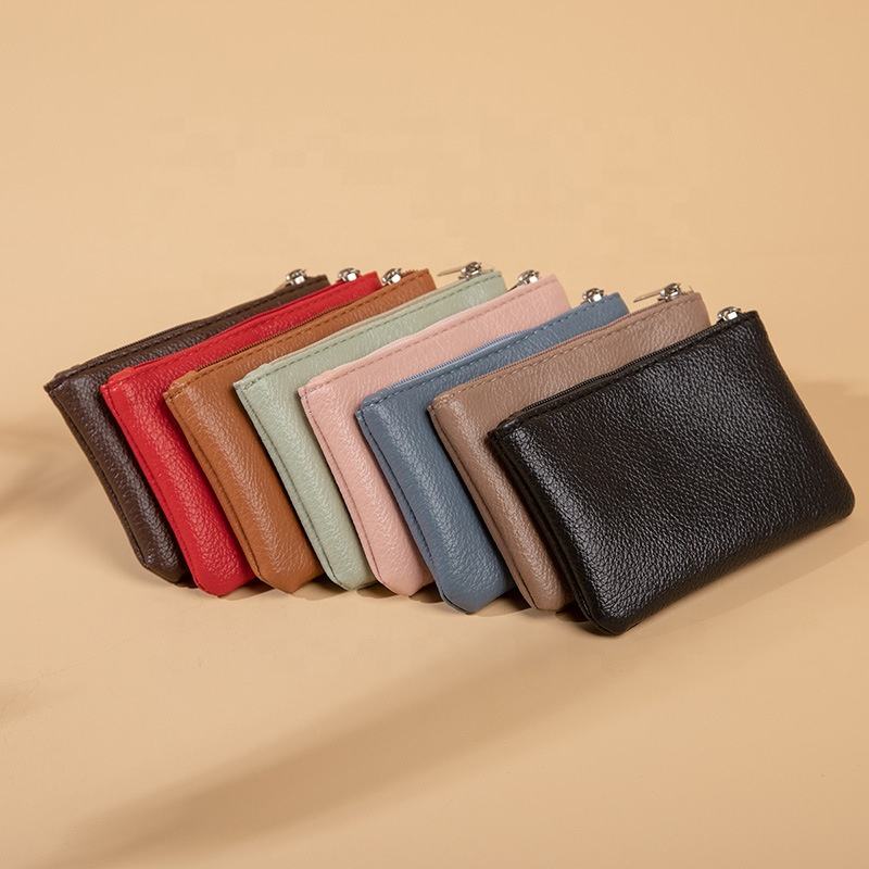 leather zipper coin holder purse ultra-thin short card coin key storage bag