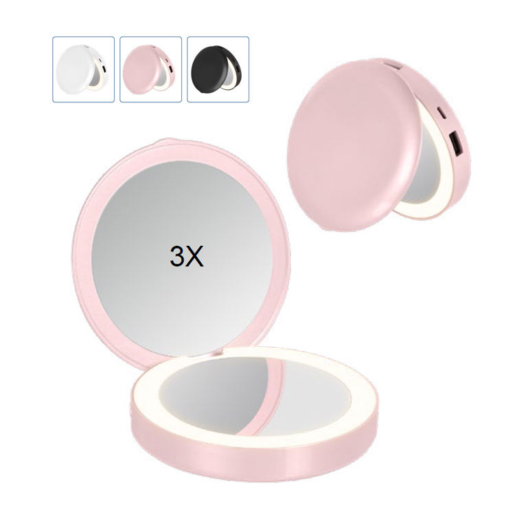 Mini Round Small Compact Makeup Pocket Mirror with LED Light Folding Mirror